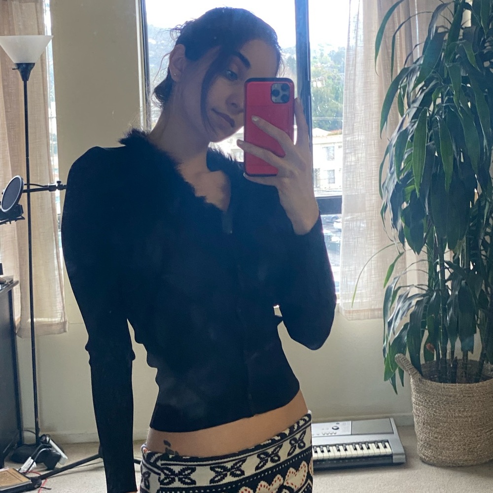 Y2k style Staud black sweater top with faux fur lining